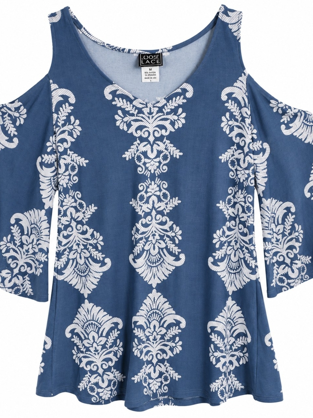 Coco Bianco Blue and White Cold-Shoulder Printed Women's Top
